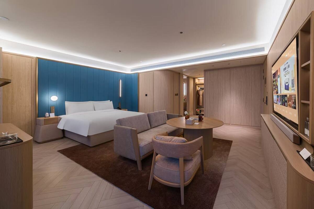 A modern hotel room with a bed, sofa, round table, and a TV.