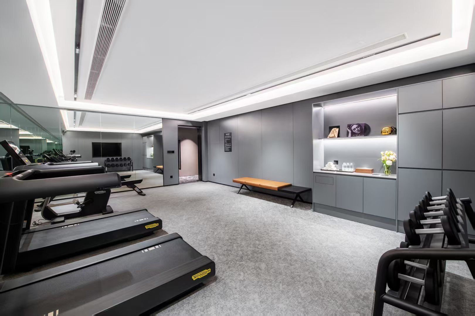 A modern gym with treadmills, weights, and a bench.