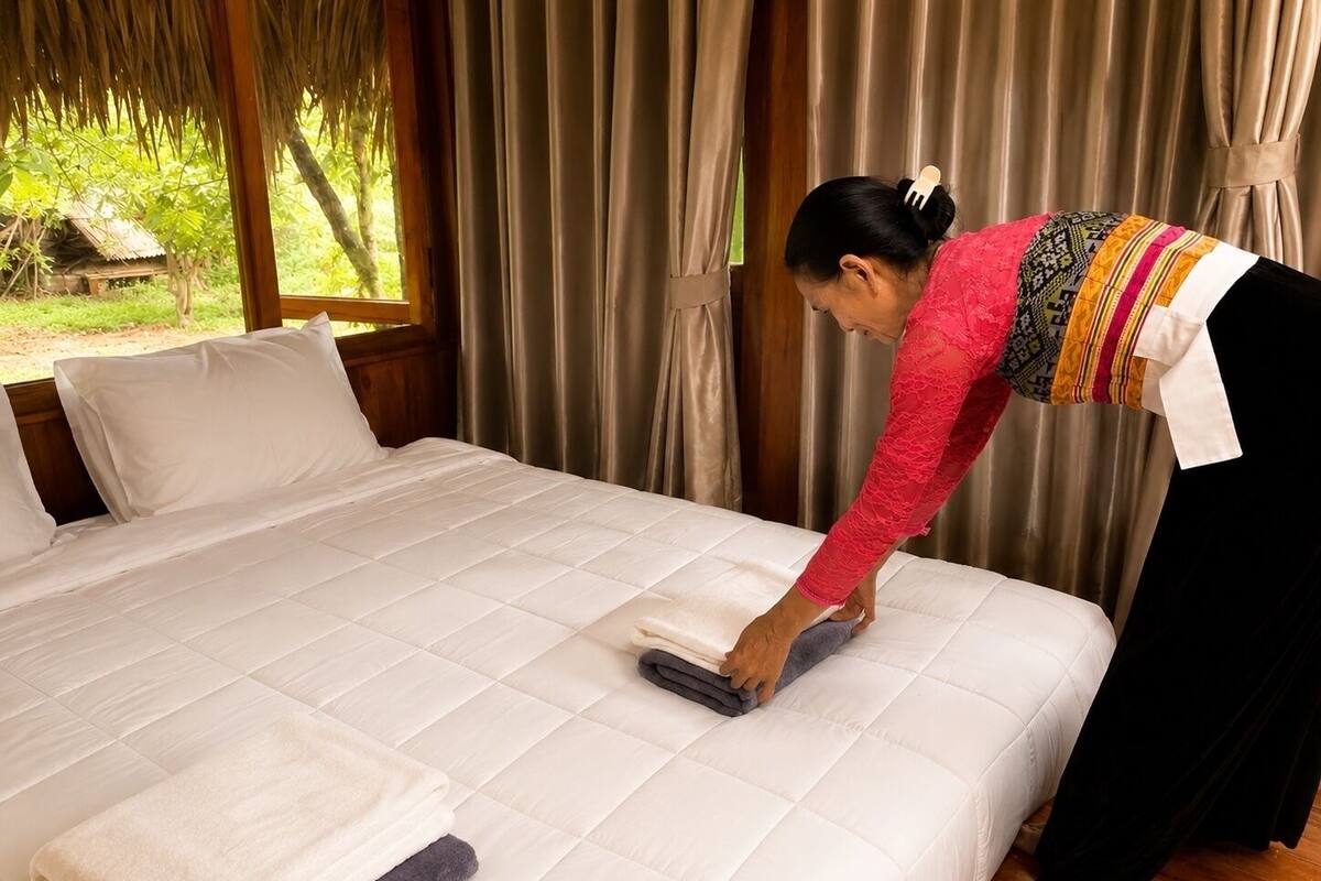 Una cama con colchón acolchado, almohada blanca y toalla doblada.