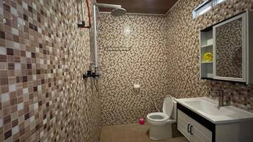 Shower, hair dryer, soap, shampoo