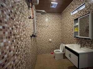 Regadera, secadora de cabello, jabón, shampoo 
