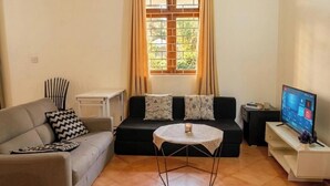 Un salon avec un canapé, une petite table, un téléviseur et une fenêtre avec des rideaux.