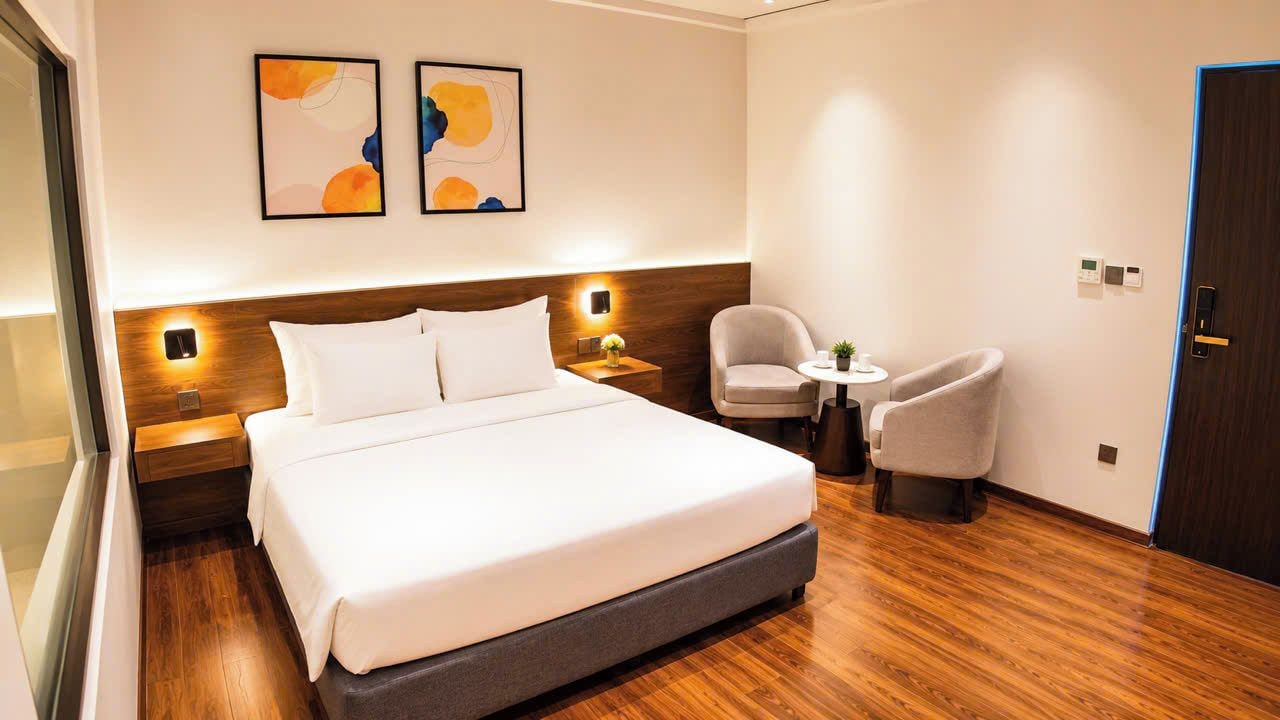 A hotel room with a large bed, a bedside table, a chair, and two abstract paintings on the wall.