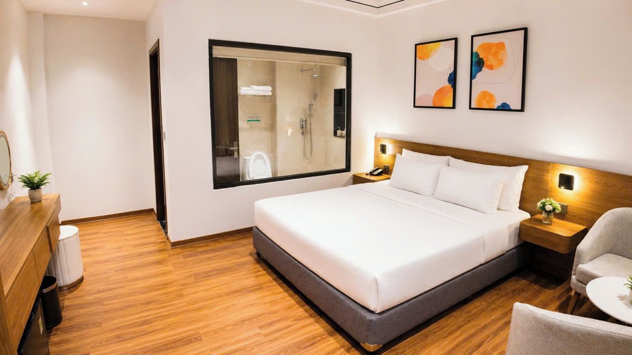 A hotel room with a large bed, bedside tables, a wooden floor, a window, and abstract art on the wall.