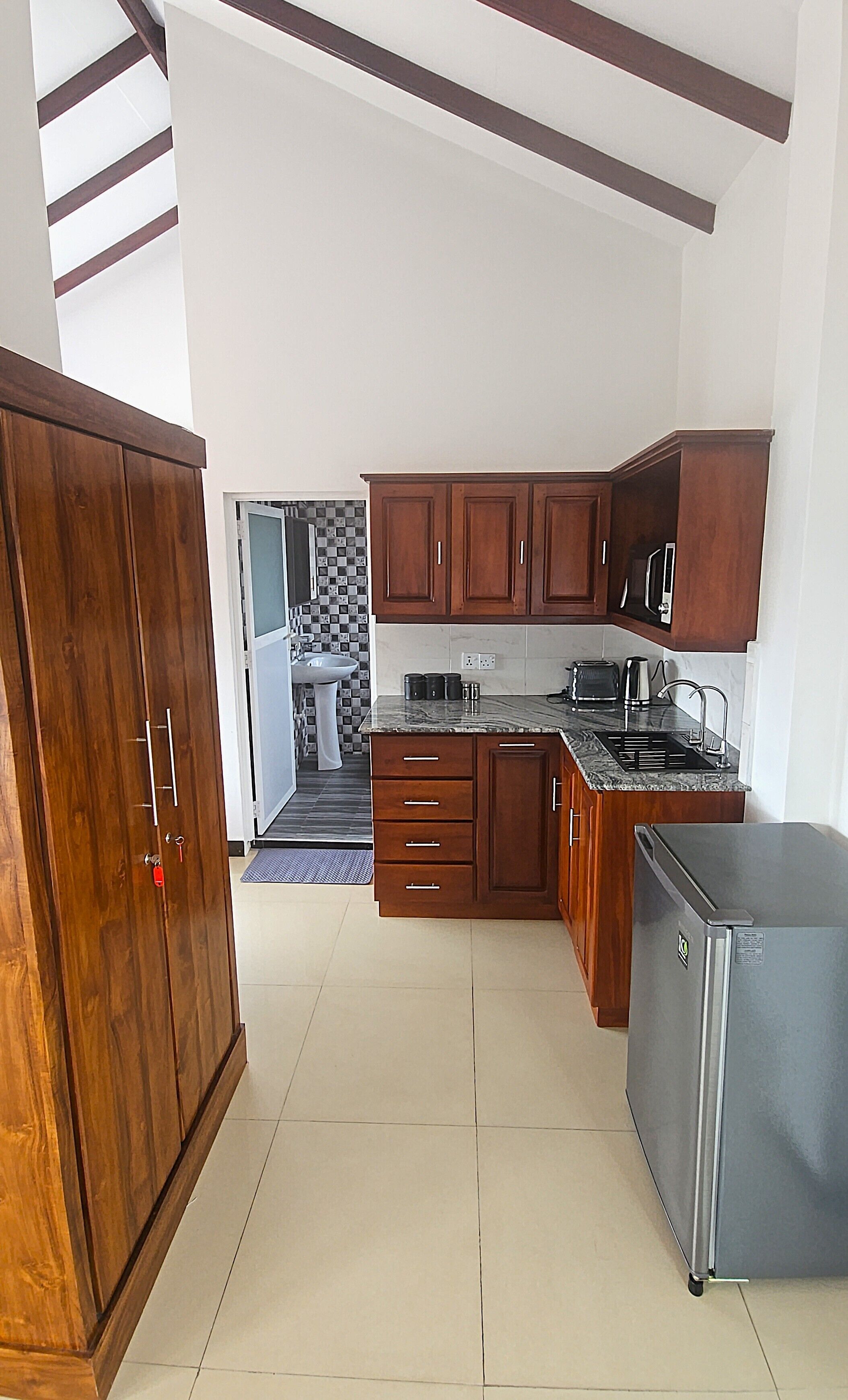 Fridge, microwave, electric kettle, toaster