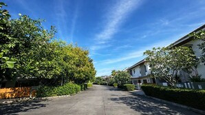 Rua residencial com casas, vegetação e céu limpo.