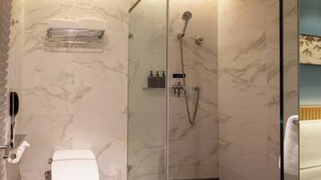 Shower, rainfall showerhead, designer toiletries, hair dryer