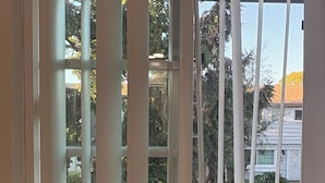 Une fenêtre avec des stores blancs, entrouverts, laissant entrevoir une vue sur un quartier résidentiel avec des arbres et une maison.