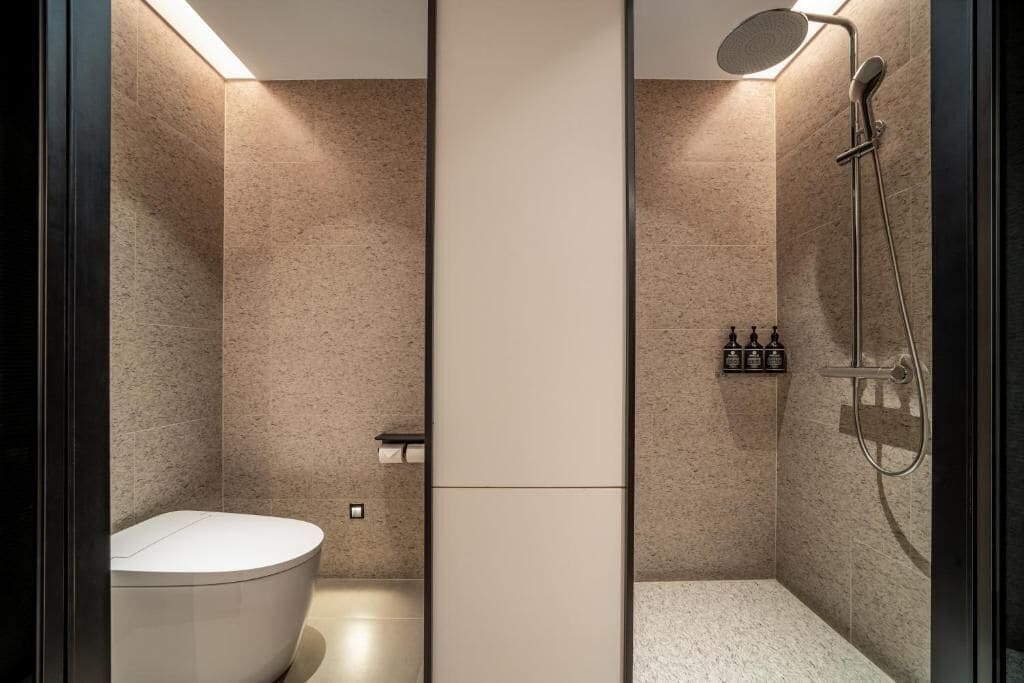 Shower, free toiletries, hair dryer, slippers