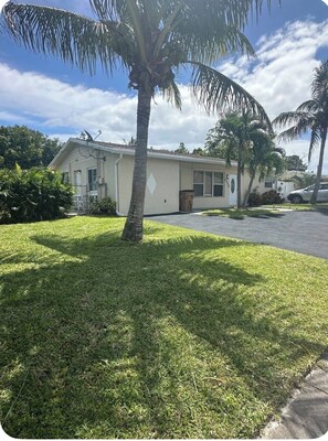 A single-story house with a front yard, a palm tree, and a parked car.
