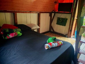 A single bed with a black sheet, a colorful pillow, and a rolled-up blanket with a cartoon character. - Encanto Rio Celeste Cabin (Provincia de Alajuela)