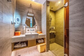 Chambre Double Deluxe, vue ville | Salle de bain | Douche, sèche-cheveux, chaussons, serviettes fournies