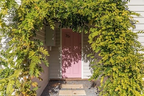 A house with a pink door, surrounded by lush greenery.