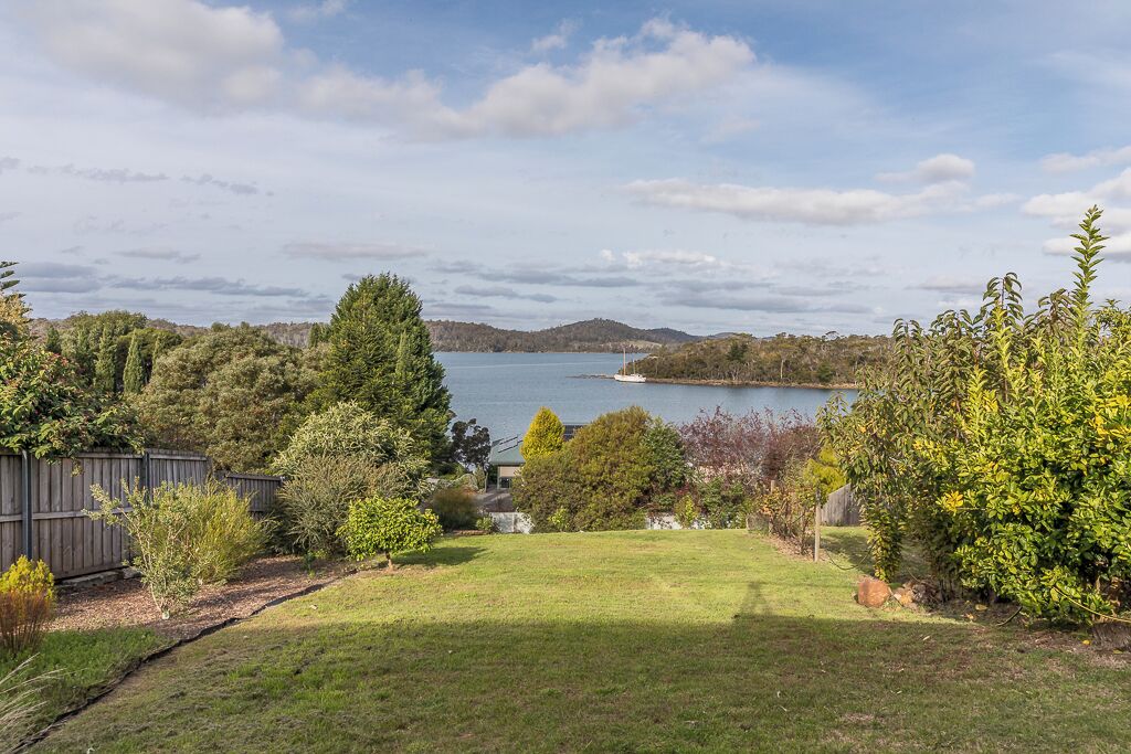A backyard with a lawn, trees, and a view of a lake.
