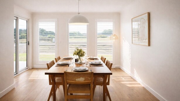 A dining room with a wooden table set for four, large windows with blinds, and a pendant light. - Welcome to 'Good Vibes' - town central and yes it lives up to it's name. (Robe)