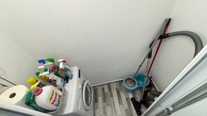 Hair dryer, towels, soap, toilet paper