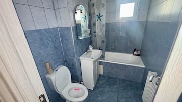 Hair dryer, towels, soap, toilet paper