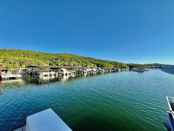 A marina with boats docked, a pier extending into the water, and a forested hillside in the background.