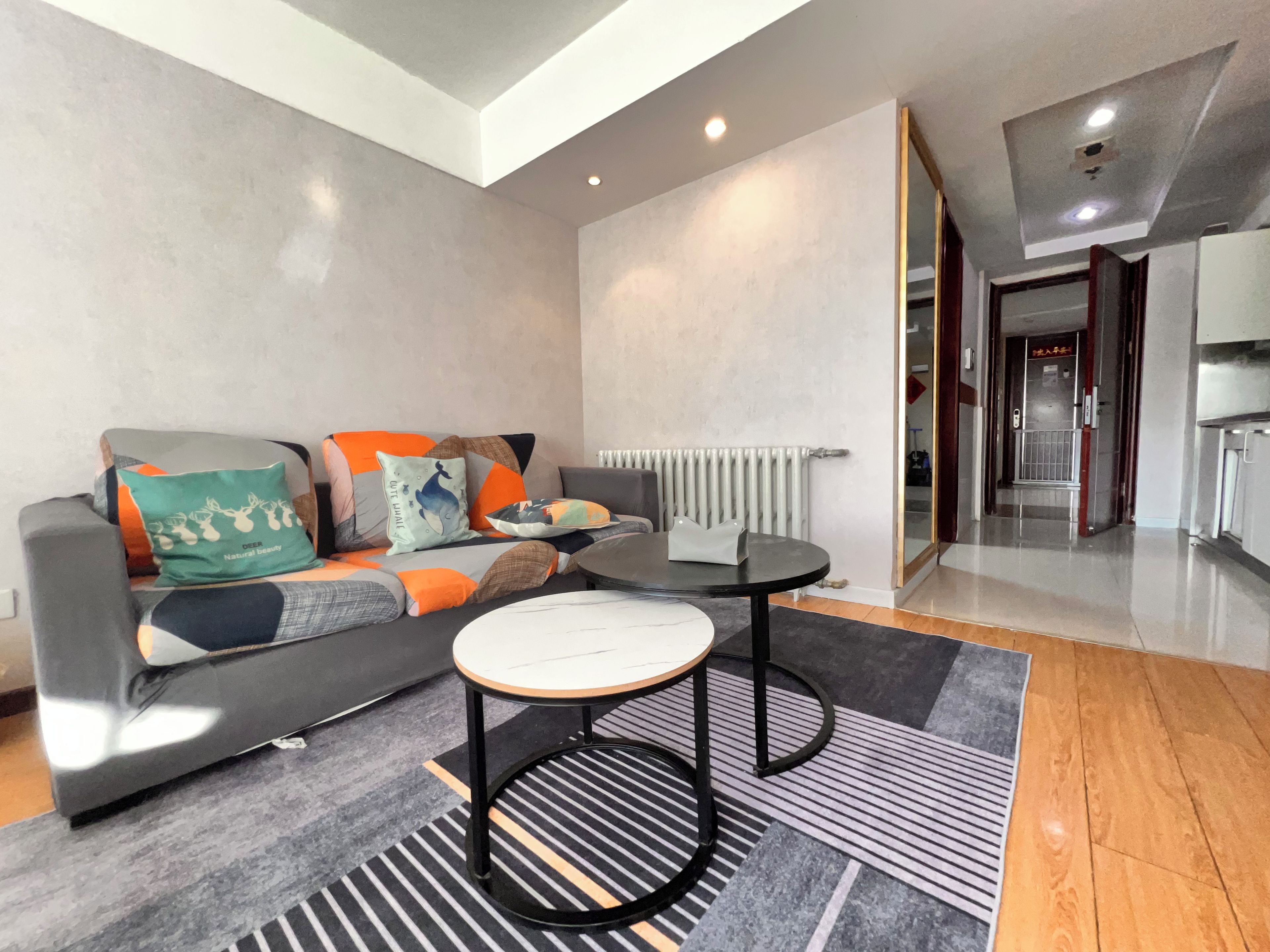 A modern living room with a grey sofa, a round coffee table, and a radiator.