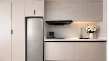 Apartamento Confort, 2 camas de matrimonio, vistas a la ciudad | Cocina privada | Frigorífico, microondas, placa de cocina y utensilios de cocina