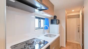 Fridge, microwave, stovetop, cookware/dishes/utensils