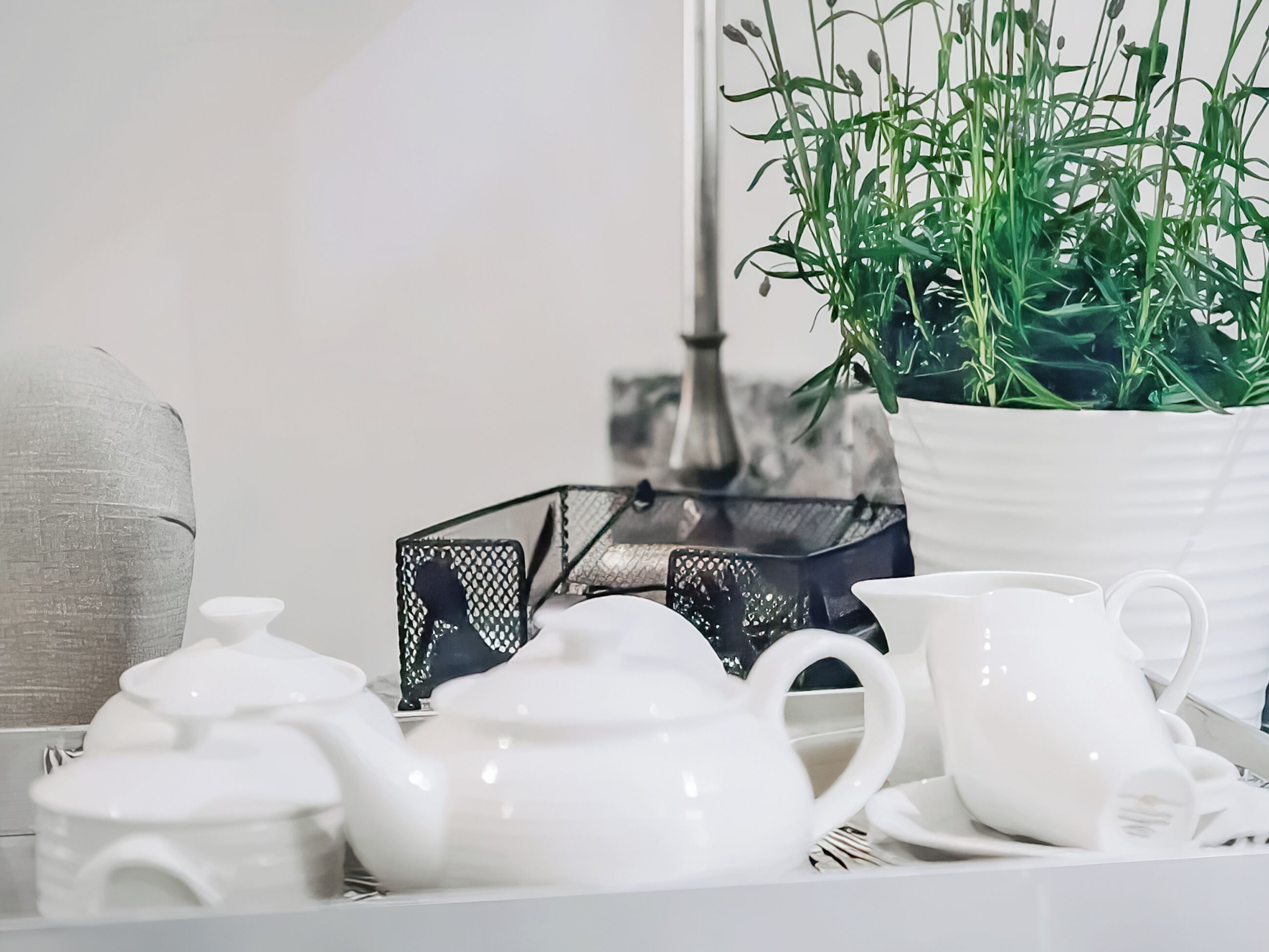Une théière blanche, une tasse blanche, un pot blanc contenant des plantes vertes et un récipient noir en treillis, le tout posé sur une surface blanche.