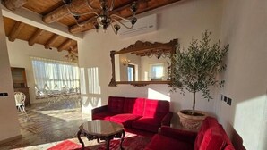 A living room with a red sofa, a round coffee table, a potted plant, and a large mirror on the wall.