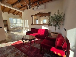 A living room with a red sofa, a round coffee table, a potted plant, and a large mirror on the wall.