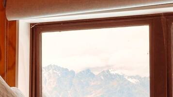 A room with a bed, a window with a view of mountains, and wooden walls.