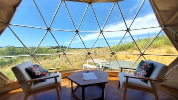 A geodesic dome tent with two chairs and a table, large windows, and a view of the landscape.