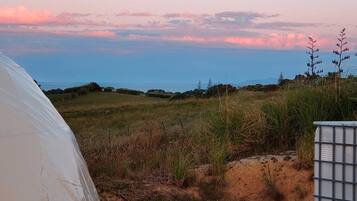 A tent in a grassy field with a view of the horizon.