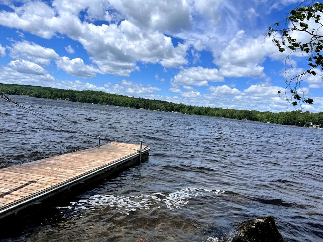 A wooden dock extending into a lake with a clear sky and a forested shoreline.