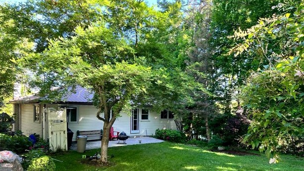 A house with a well-maintained lawn, a tree, and a small shed.