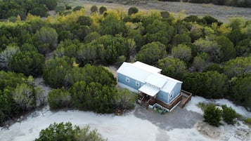 A single-story house with a blue roof, surrounded by dense greenery.