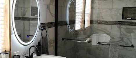 Jetted bath, hair dryer, towels, soap