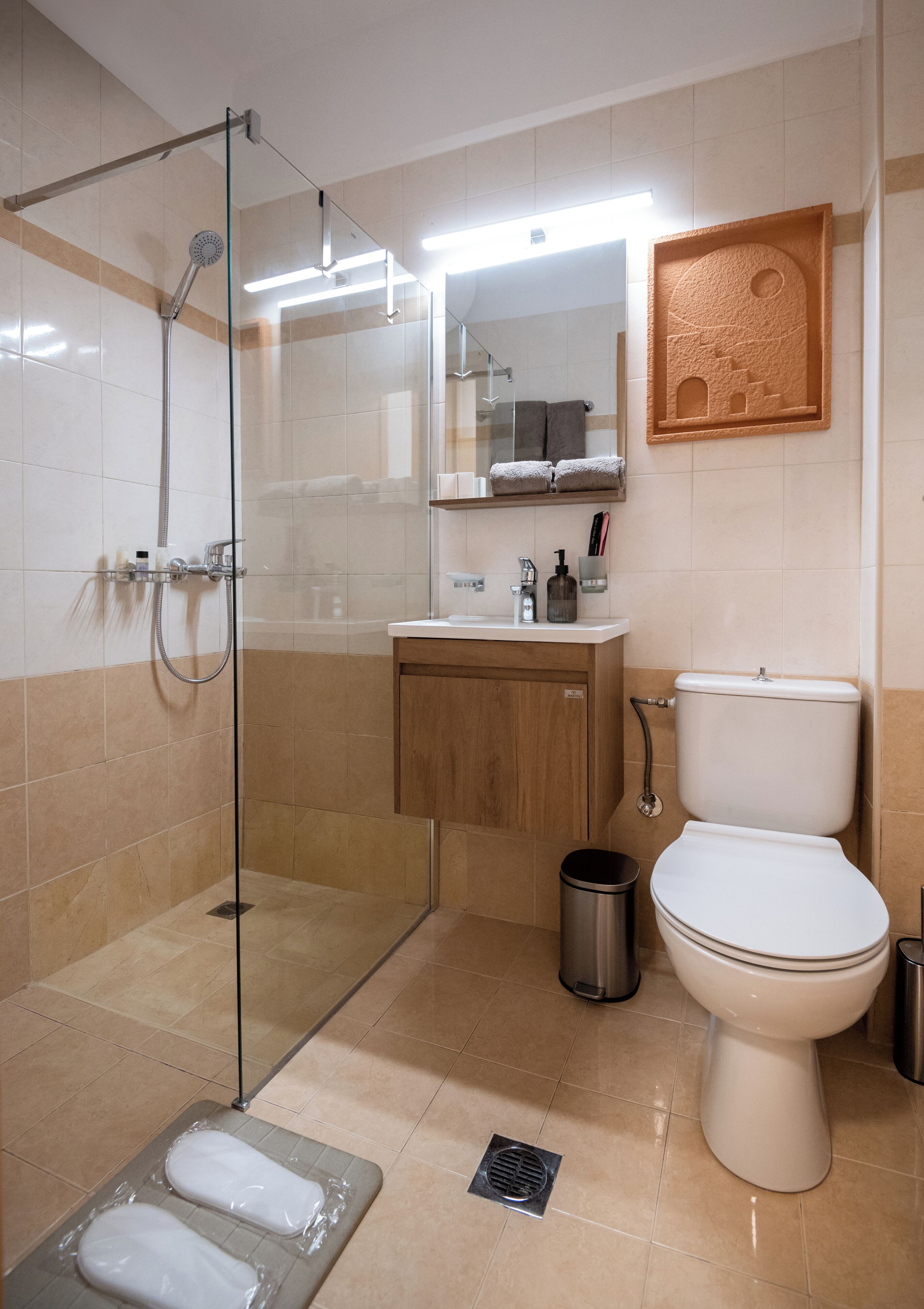 Une salle de bain moderne avec une douche à parois de verre, un meuble-lavabo en bois, des toilettes et un miroir au-dessus du lavabo.