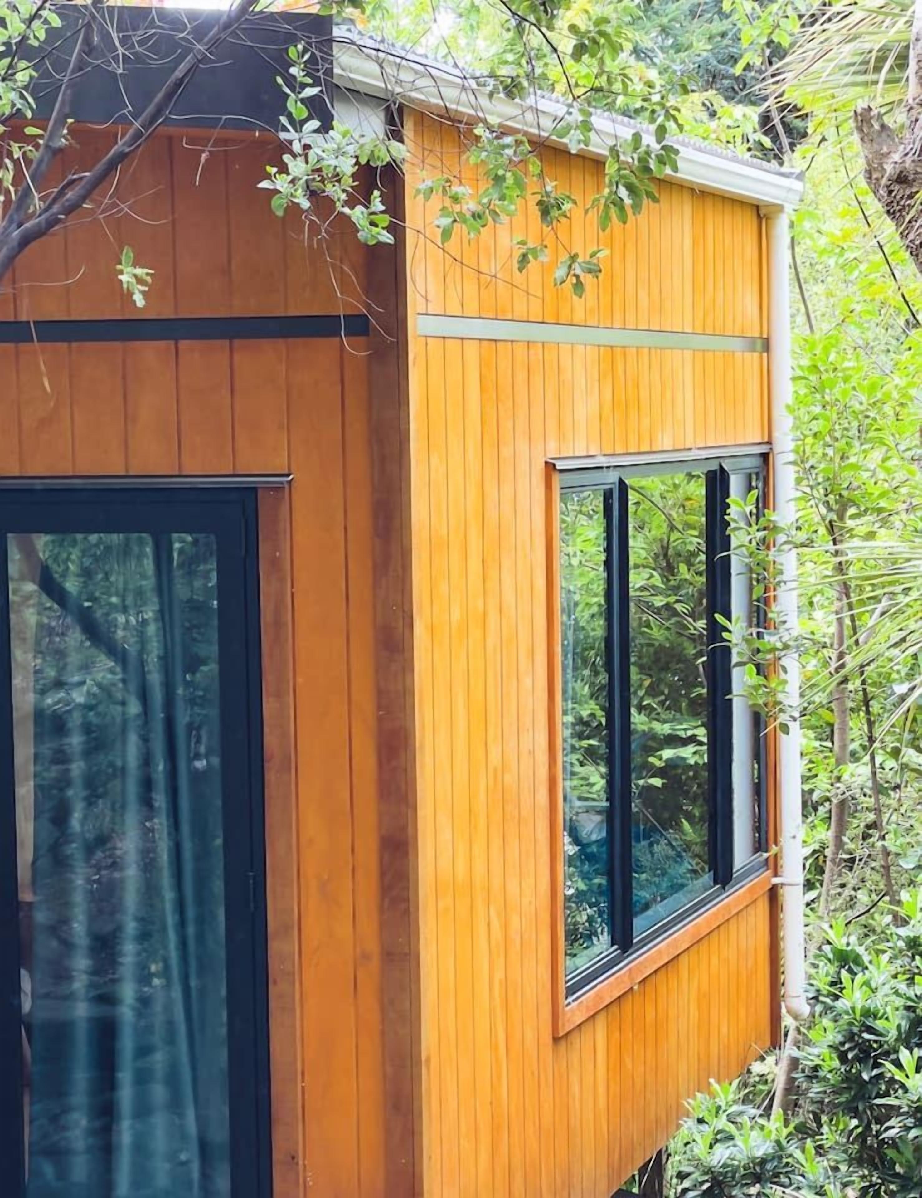 A wooden cabin with a large window and a door, surrounded by greenery.