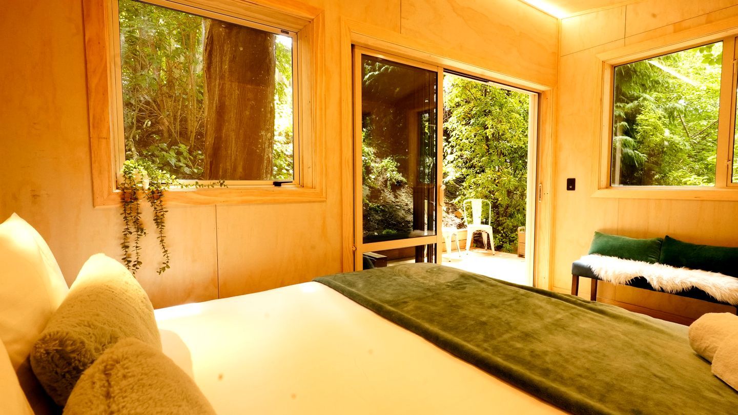 A room with a bed, a bench, and large windows offering a view of greenery.