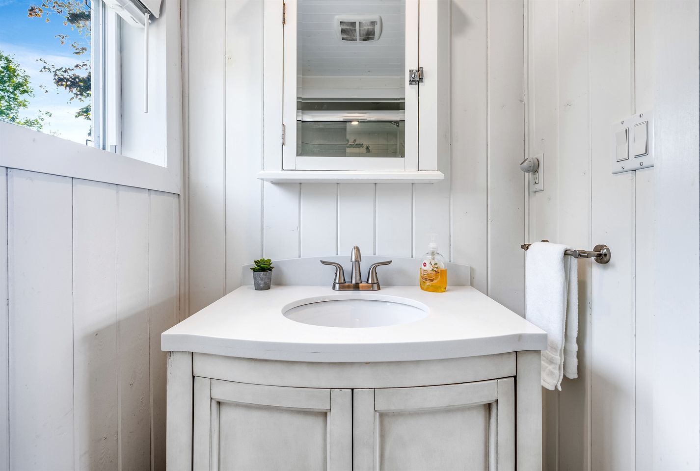 A bathroom with a white sink, a mirror, a small potted plant, and a towel rack.