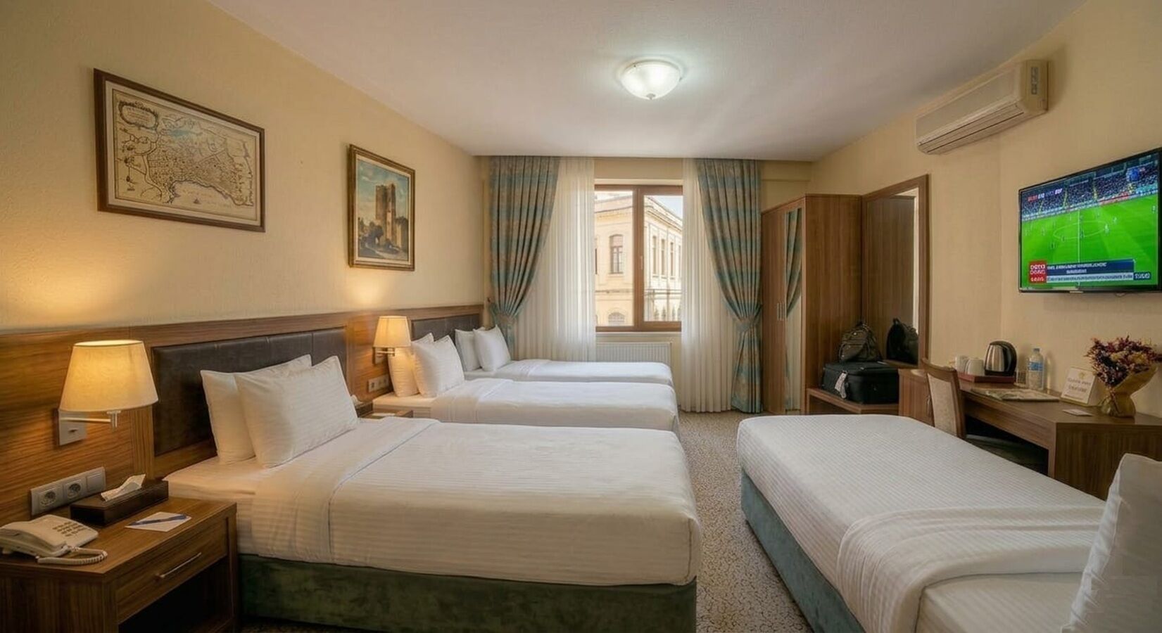 Premium bedding, desk, laptop workspace, soundproofing