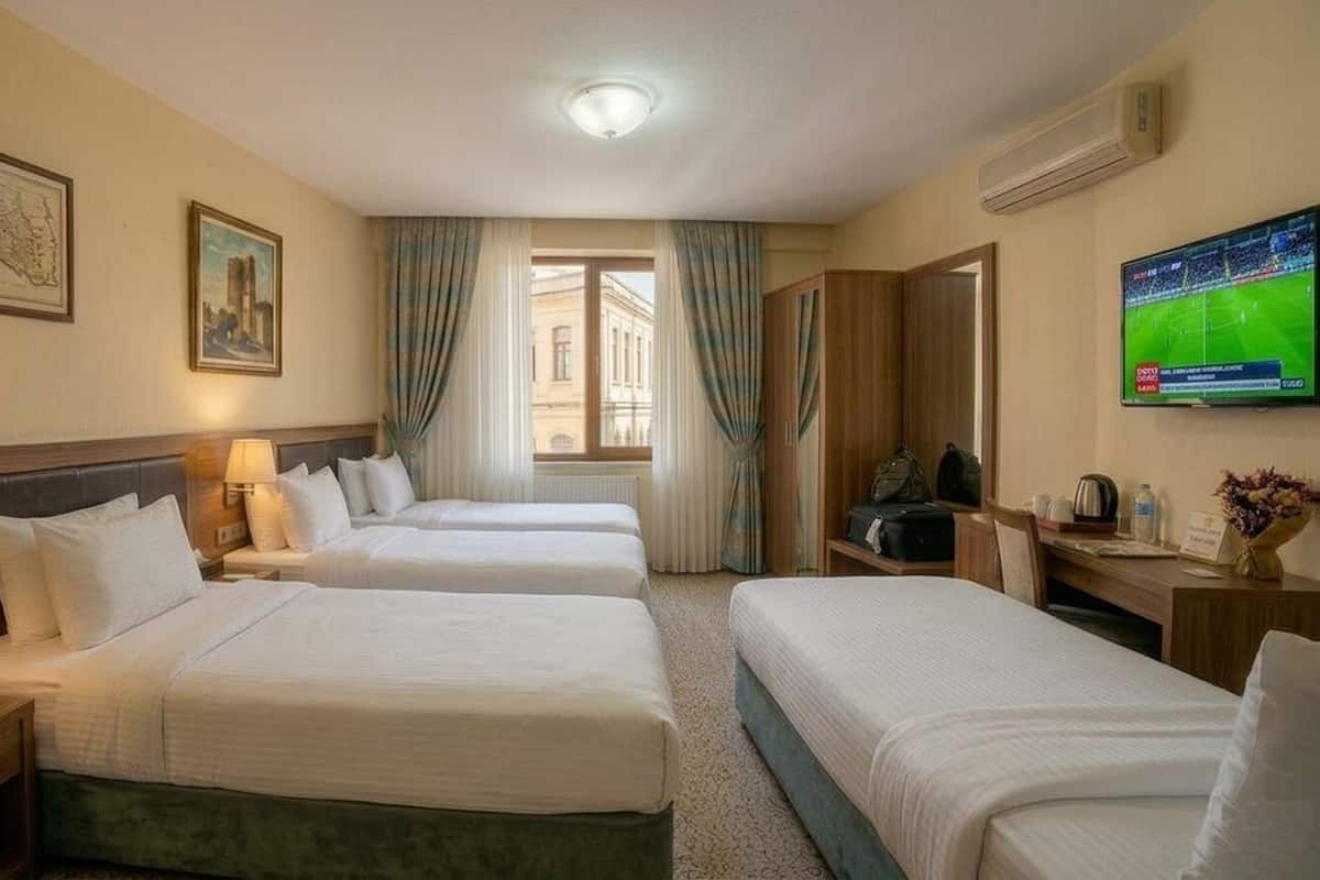 Una habitación de hotel con tres camas, un escritorio, un televisor, un teléfono y una lámpara.
