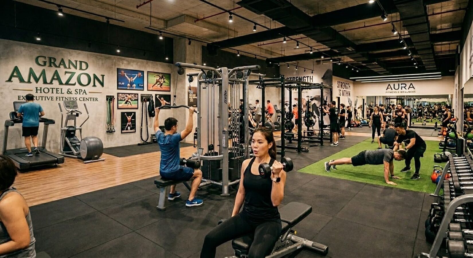 A gym with various exercise equipment, including treadmills and weight machines.