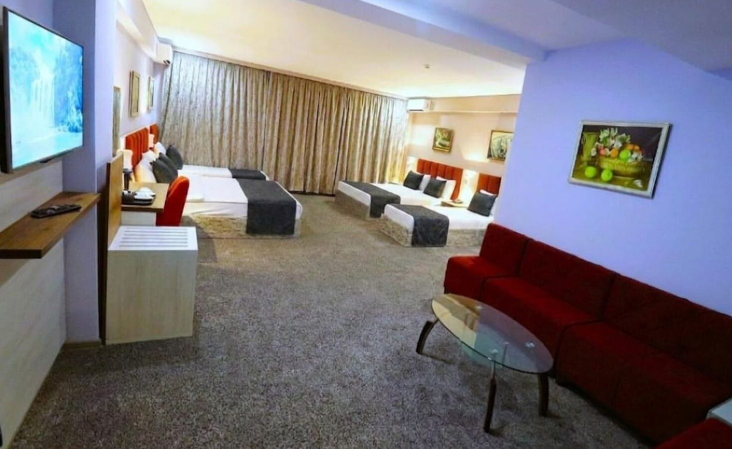 Premium bedding, desk, laptop workspace, soundproofing