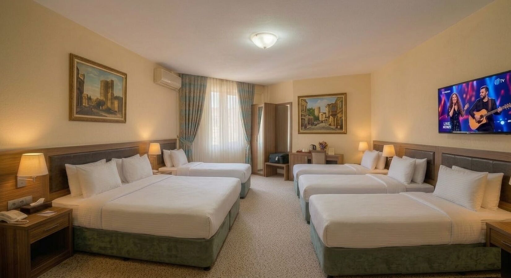 Premium bedding, desk, laptop workspace, soundproofing
