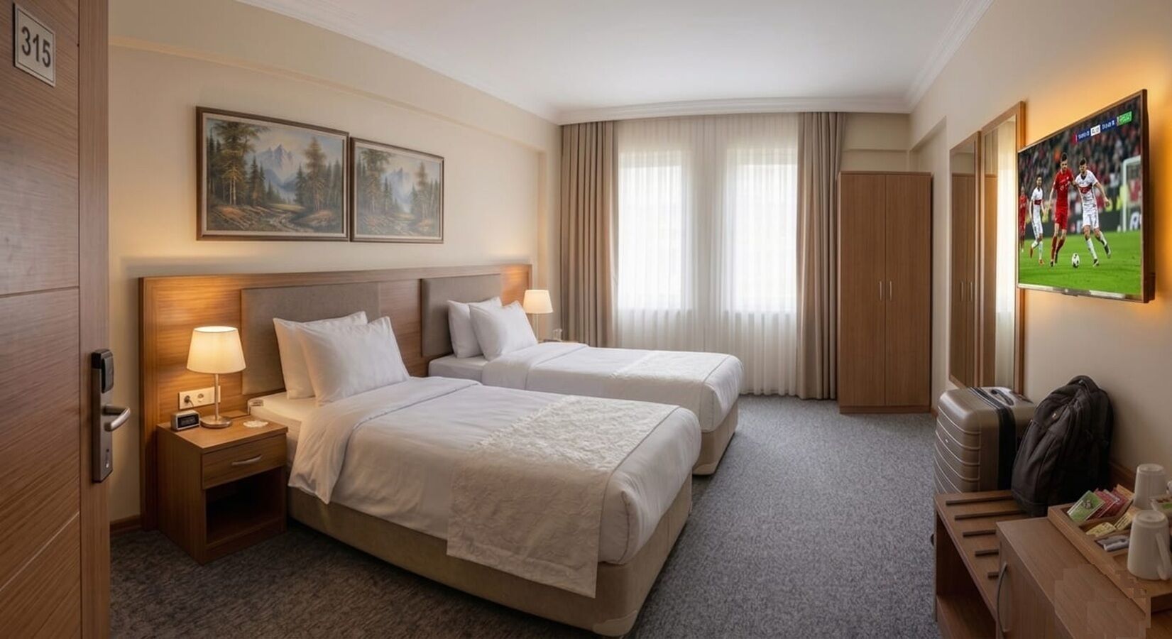 Premium bedding, desk, laptop workspace, soundproofing