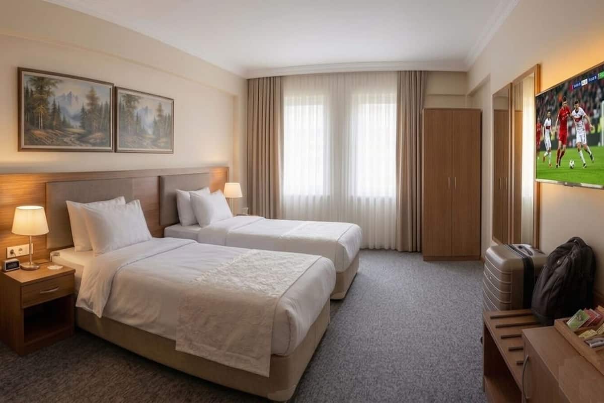 Habitación de hotel con dos camas, un escritorio, un televisor y un cuadro en la pared.