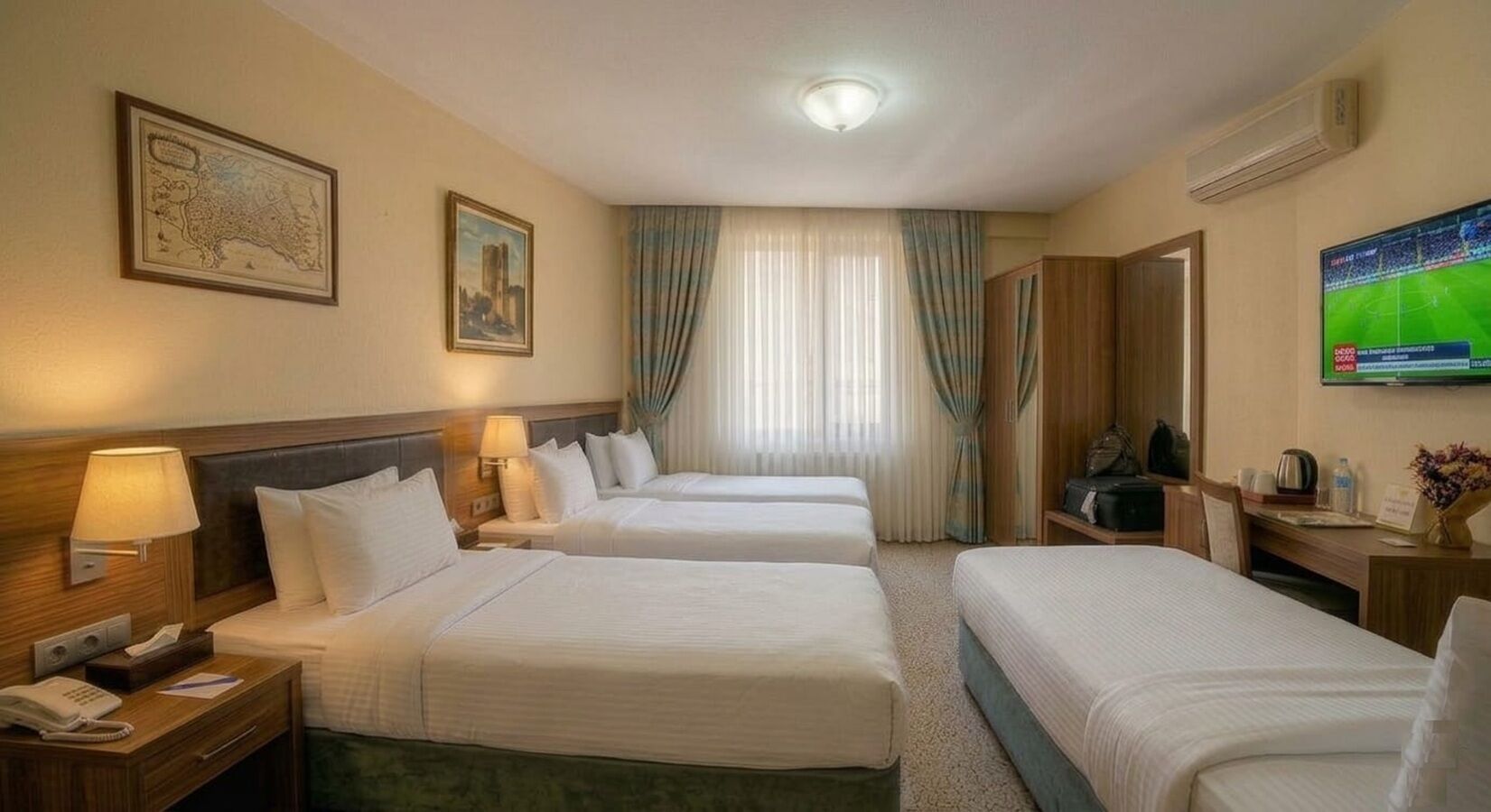Premium bedding, desk, laptop workspace, soundproofing