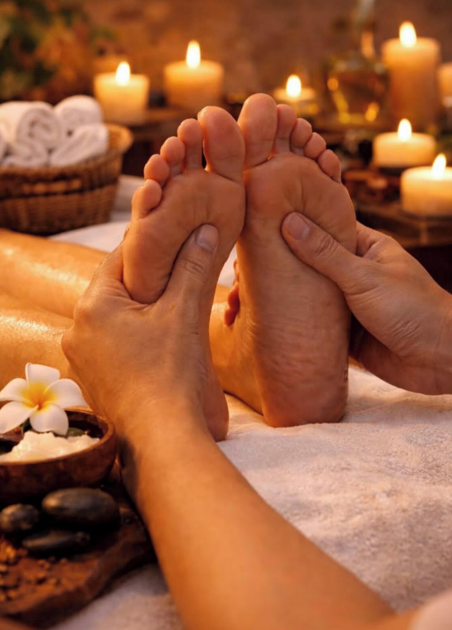 A foot massage with candles and a flower in a spa setting.