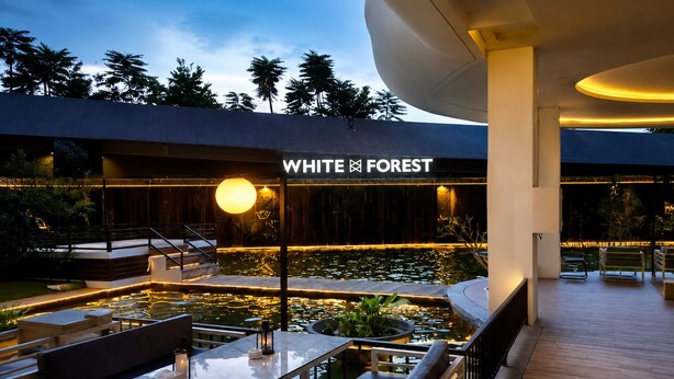Un área de estar moderna al aire libre con piscina, bancos y un cartel que dice 'WHITE FOREST'.
