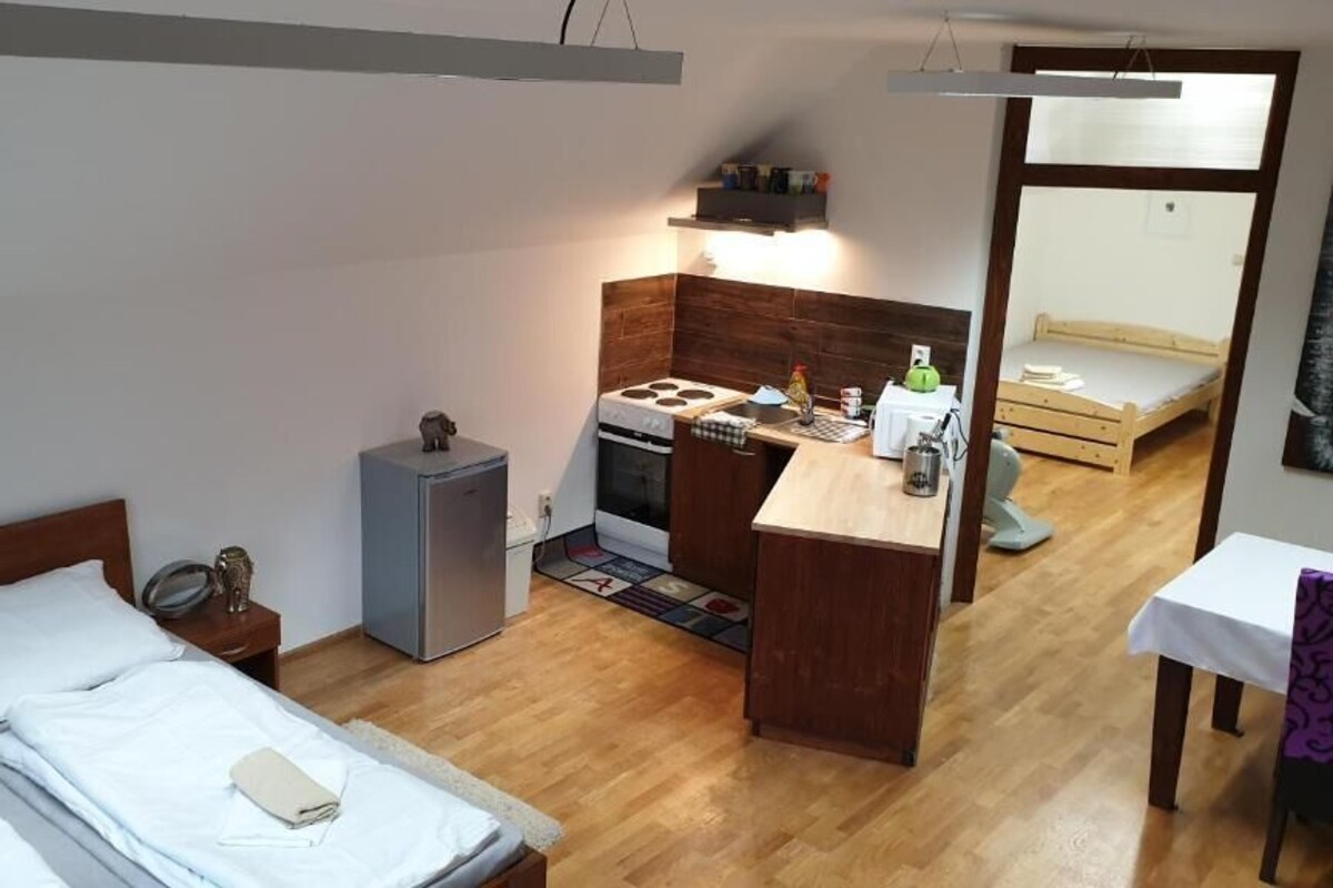 Una habitación compacta con cama, kitchenette y un pequeño comedor.